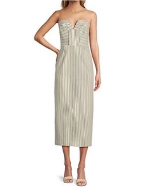 ANTONIO MELANI Beige and White Striped Strapless V-Notch Midi Dress